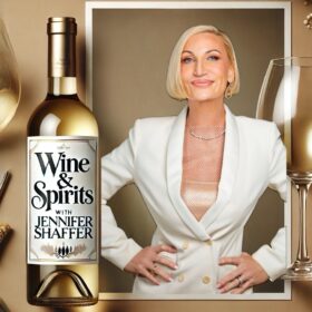Wine and Spirits with Jennifer Shaffer Promo flyer. Gold and cream tones.